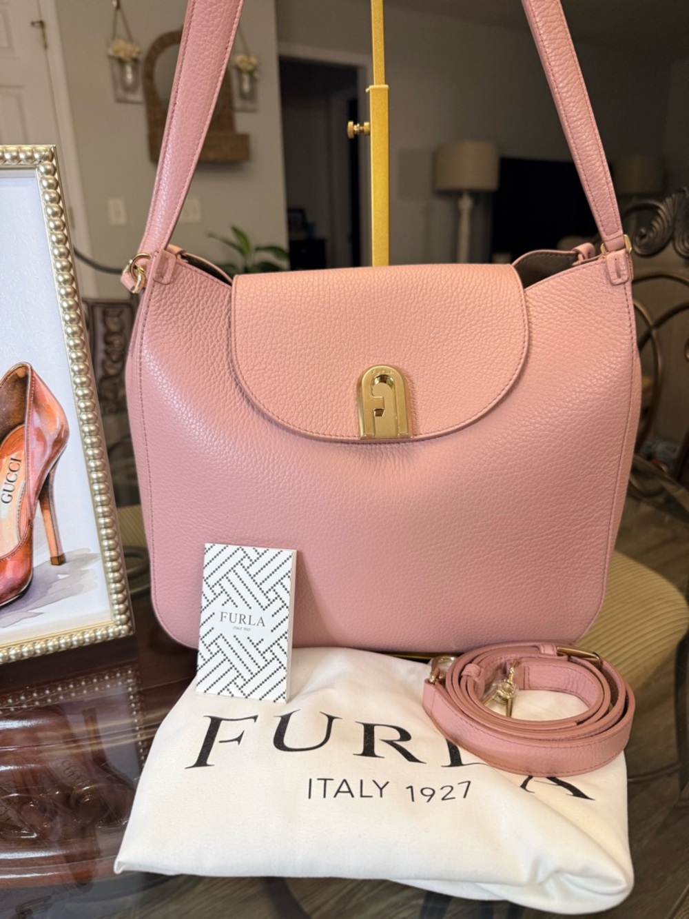 Furla Blush Pink Pebbled Leather Shoulder Bag with Gold-Tone Hardware - Picture 2 of 7